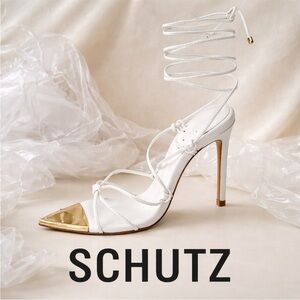 Schutz White Gold Hana Lace Up Heels Strappy Wraparound Open Toe 9